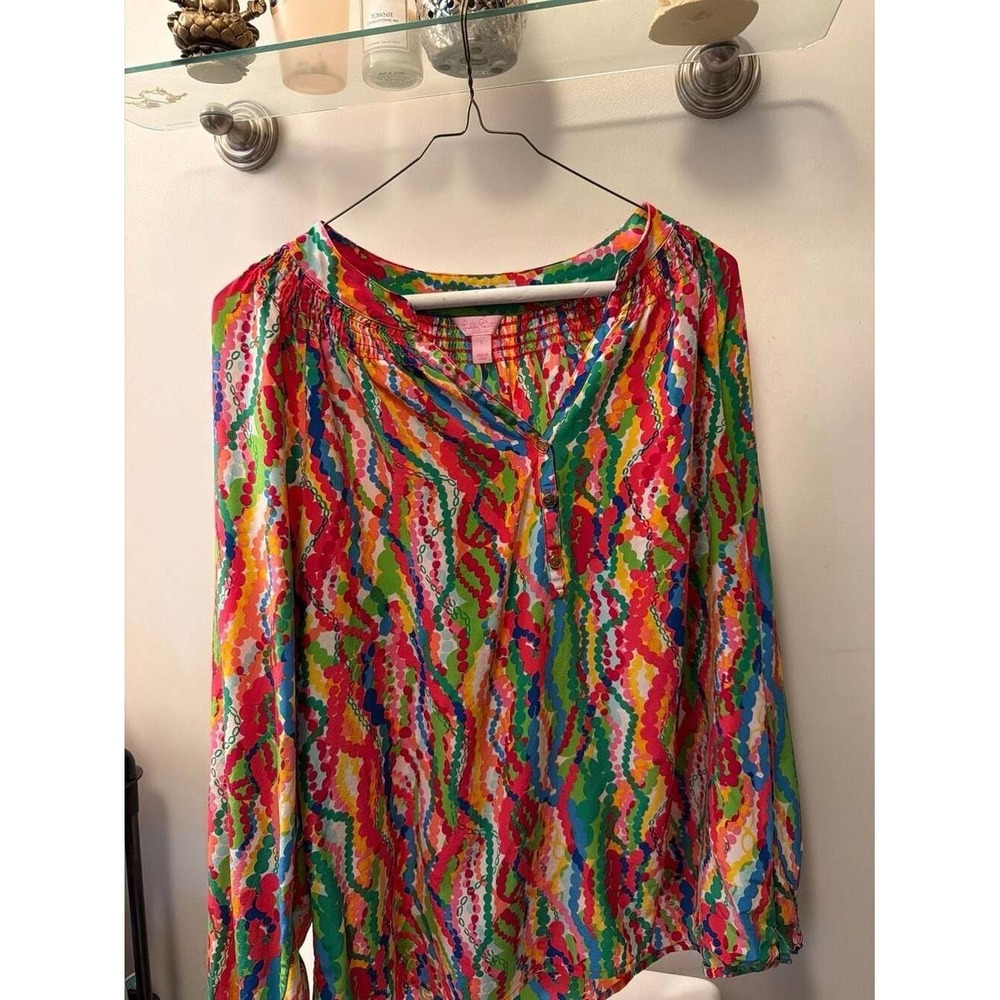 Lilly Pulitzer Elsa Silk Blouse Multicolor Abstract Smocked Neck Top Large